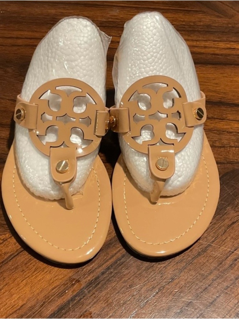 Tory Burch Beige Patent Logo Thong Sandals